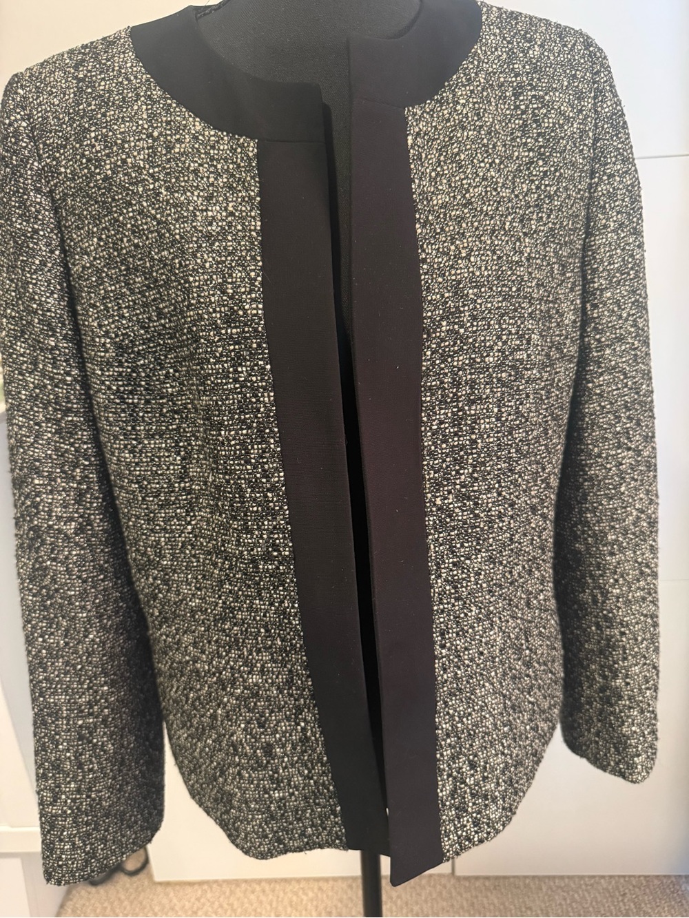 Kasper Black, White, and Gold Tweed Open-Front Blazer, Size 10P
